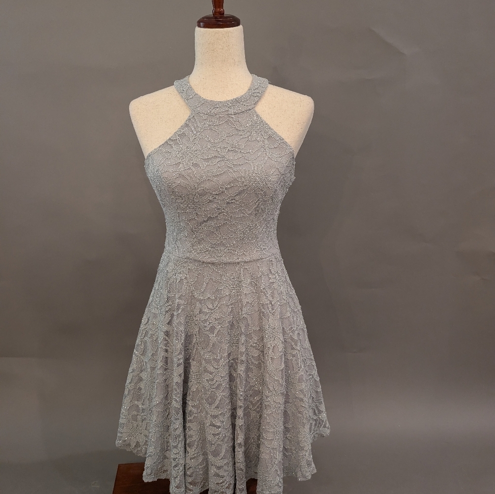 B Darling Silver Lace Sparkle Mini Dress Size 7/8